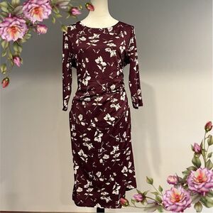 Burgundy color 3/4 sleeve floral scoop neck knee length dress